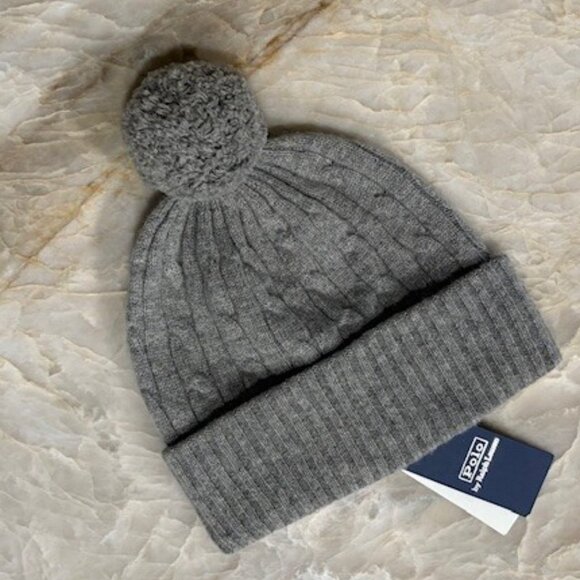 Polo Ralph Lauren Women's Cable-Knit 100% Cashmere Gray Pom Pom Beanie NWT $198 - Picture 1 of 6